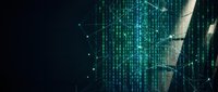Digital data stream with glowing green matrix code and interconnected network lines flowing across dark background, representing cybersecurity, technology, and digital transformation concepts.