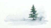 Watercolor winter landscape with solitary evergreen pine tree in snowy field, soft gray clouds and minimalist composition for seasonal greeting cards.