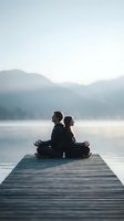 Couple meditating together on wooden dock at serene mountain lake during peaceful morning with misty atmosphere for wellness and mindfulness practices.