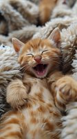 Adorable ginger kitten laughing and stretching on fluffy white carpet, perfect for pet care advertising, social media, or veterinary services. Natural lighting captures playful feline expression.