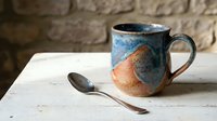 Handmade ceramic coffee mug with blue and orange glaze on rustic wooden table with vintage spoon against stone wall background for kitchen decor.