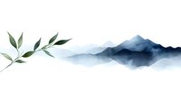 Minimalist watercolor mountain landscape with green botanical element, misty peaks in blue tones against white background, modern abstract panoramic composition.