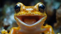 Smiling orange tree frog close-up portrait showing bright eyes and open mouth. Vibrant amphibian macro photography captures cheerful expression and detailed texture.