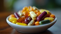 Colorful dietary supplements and vitamin pills in white ceramic bowl on wooden surface with soft focus background, macro photography.