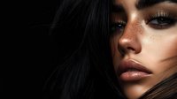 Young woman with freckles and dramatic makeup on dark background, featuring long black hair, smokey eyes, and glossy lips. Professional beauty portrait with moody lighting.