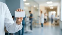 Caucasian male healthcare professional in white coat holding blank business card in modern medical clinic with staff and patients in background.