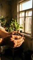 Elderly hands gently holding young green plant seedling with soil in warm sunlight by window, symbolizing growth, care, nurturing and environmental protection.