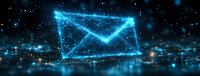 Digital envelope symbol made of glowing blue dots and lines floating in dark space with bokeh lights and particles, representing electronic mail communication.
