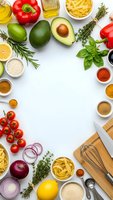 Fresh cooking ingredients frame with vegetables, herbs, spices and pasta on white background. Culinary preparation concept for healthy meal planning.