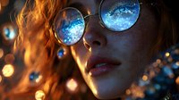 Young woman wearing round reflective sunglasses with starry night sky reflection, orange glowing lights and fire elements create magical atmospheric portrait.