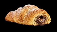 Croissant with chocolate filling isolated on transparent background, ready for bakery designs, food packaging, menus, t-shirt prints, stickers, and print-on-demand products.