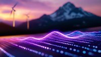 Futuristic digital wave visualization with glowing purple particles against mountain silhouette and wind turbines at sunset, representing data technology.