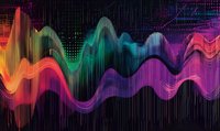 Vibrant multicolored sound waves with flowing gradient motion against dark background, featuring neon orange, green, blue and purple hues in dynamic waveform pattern.