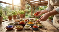 Woman preparing fresh herbs and spices in sunny greenhouse kitchen with colorful ingredients in wooden bowls for healthy cooking and meal preparation.