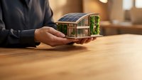 Businessman hands holding miniature eco-friendly house model with solar panels and green wall on wooden desk. Sustainable architecture and green building concept.