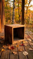 Wooden box on rustic deck with autumn foliage and forest backdrop, ideal for product display, seasonal marketing, and fall-themed design projects.