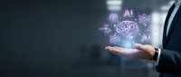 Businessman hand presenting holographic brain with AI icons and digital network connections for artificial intelligence technology concepts.