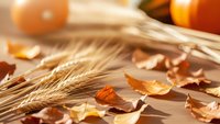 Golden wheat stalks with autumn leaves and pumpkins in warm sunlight creating cozy fall harvest scene for seasonal decorating and thanksgiving celebrations.