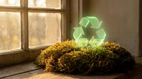 Glowing green recycling symbol on moss mound by vintage window, representing environmental sustainability and eco-friendly practices for conservation campaigns.