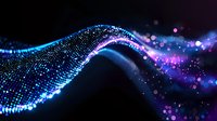 Glowing blue and purple particle wave with bokeh effect on dark background creates dynamic flowing motion and magical atmosphere.