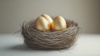 Two beige eggs resting in natural twigs nest on light background, soft focus artistic composition with gentle shadows and minimalist style.