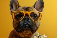 French bulldog wearing yellow glasses against yellow background with popcorn, close up portrait of funny pet face looking at camera. Great for pet products.