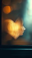Glowing heart shape with female profile silhouette against turquoise background, illuminated by warm orange light creating dreamy atmospheric effect.