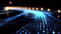 Glowing blue digital wave pattern with light dots forming curved lines against dark background, creating futuristic technology visualization effect.