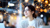 Young Asian businesswoman with glasses smiling in modern office environment with digital network visualization overlay and glowing connection points.