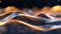 Abstract golden waves with glowing particles and bokeh effects create dynamic flowing curves against dark background, suitable for luxury designs and modern backgrounds.