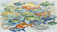 Colorful school of fish swimming in flowing water currents with decorative swirls, marine life illustration for educational and design projects.