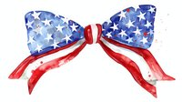 Patriotic bow with stars and stripes pattern in red white and blue watercolor style, isolated on white background for holiday decorative designs.