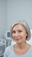 Confident mature woman with gray hair smiling in modern medical office setting, representing healthcare professional or patient consultation experience.