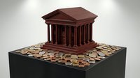 Ancient Greek temple miniature model with classical columns surrounded by scattered coins representing financial investment and economic growth concepts.