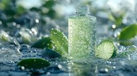 Fresh lime juice splashing around glass bottle with mint leaves and citrus slices on wet surface with water drops and bokeh light effect background.