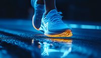 Athletic running shoe illuminated by dramatic blue and orange lighting on wet reflective surface, creating dynamic mood for sports and fitness advertising.