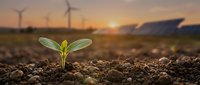 Green seedling sprouting from fertile soil at sunrise with wind turbines and solar panels in background representing sustainable energy and growth.
