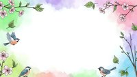 Watercolor spring frame with cherry blossoms, colorful birds and branches on pastel background for greeting cards, invitations and seasonal designs.