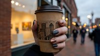 Closeup of hand holding takeaway coffee cup with cityscape design against blurred urban street and storefront, perfect for beverage, lifestyle and cafe marketing.