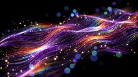 Glowing purple and rainbow digital wave with sparkling particles on dark background, representing data flow, technology, and futuristic energy concepts.