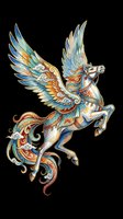 Ornate winged horse with decorative blue, gold, and orange patterns isolated on transparent background. Ready for t-shirts, stickers, clipart, and print-on-demand designs.