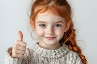 Young girl with red hair and freckles wearing knit sweater shows thumbs up gesture with positive expression against light background. Great for childhood concepts.