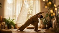 Mature man with dark hair and medium build performing downward dog yoga pose in sunlit living room with sheer curtains, potted plants, and warm bokeh lighting for wellness and fitness content.