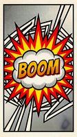 Comic book style BOOM explosion burst with red yellow flames and halftone dots on beige background for pop art designs and retro graphics projects.
