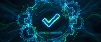 Glowing neon checkmark symbol surrounded by interconnected digital network nodes and flowing data streams on dark background for technology and workflow concepts.