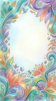 Watercolor floral frame with gold accents, swirls, leaves, and butterflies in pastel teal, purple, and coral tones with copy space.