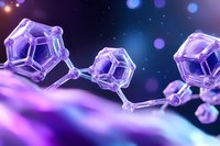Molecular structure with geometric crystal formations on purple gradient background with bokeh lights for science and chemistry concepts.
