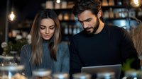 Young couple working together on laptop in modern cafe, collaborative business meeting, coworking space, freelancers discussing project over coffee.