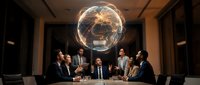 Business professionals discussing global strategy around conference table with illuminated world hologram projection in modern boardroom setting.