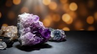 Collection of raw amethyst and quartz crystals with natural purple and clear formations on dark surface with warm bokeh lighting for healing and meditation.